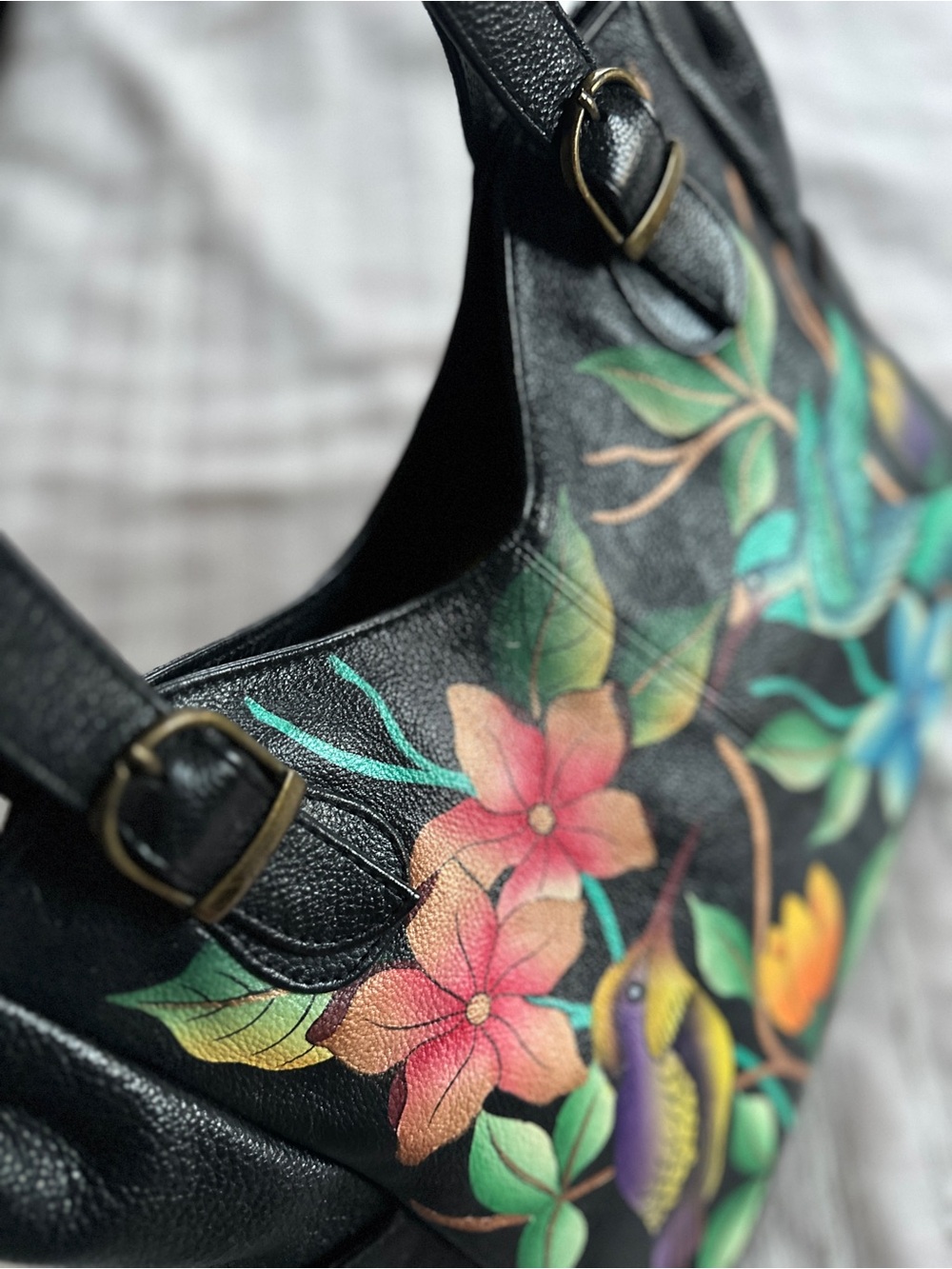 Anna by Anuschka Hand Painted Leather Shoulder Bag | Birds in Paradise Black - Picture 7 of 16